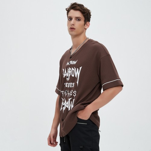 Waffle Knit Printed Open-Front Baseball T-Shirt | Brown Cotton | Streetwear Casual | Clothing Manufacturer