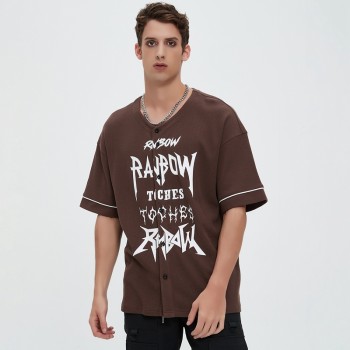 Waffle Knit Printed Open-Front Baseball T-Shirt | Brown Cotton | Streetwear Casual | Clothing Manufacturer