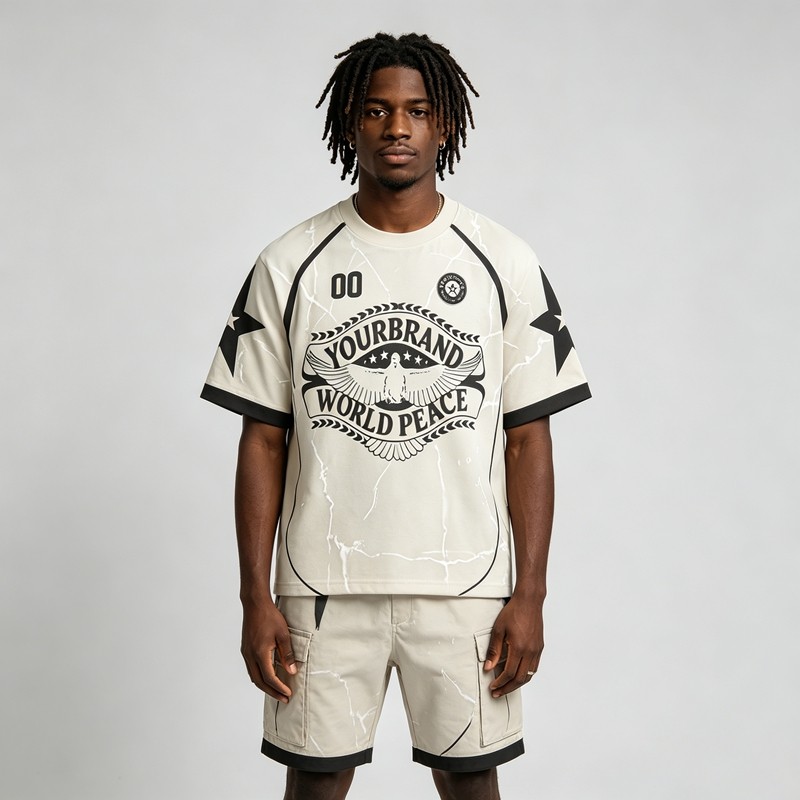 DTG Print and Embroidered Patch Soccer Jersey T-Shirt