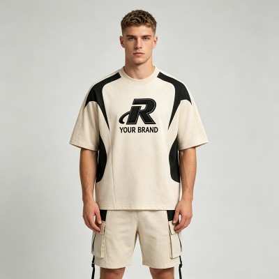 3D Embroidery Color Block Streetwear T-Shirt | Paneled Design | Cotton Blend | Custom Streetwear