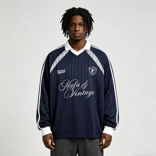 Screen Printing Vintage Soccer Jersey Tee | Breathable Polyester | Long Sleeve | Casual Sportswear | Custom Streetwear
