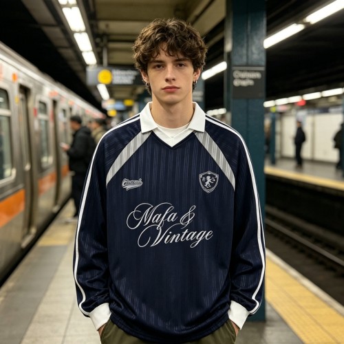 Screen Printing Vintage Soccer Jersey Tee | Breathable Polyester | Long Sleeve | Casual Sportswear | Custom Streetwear