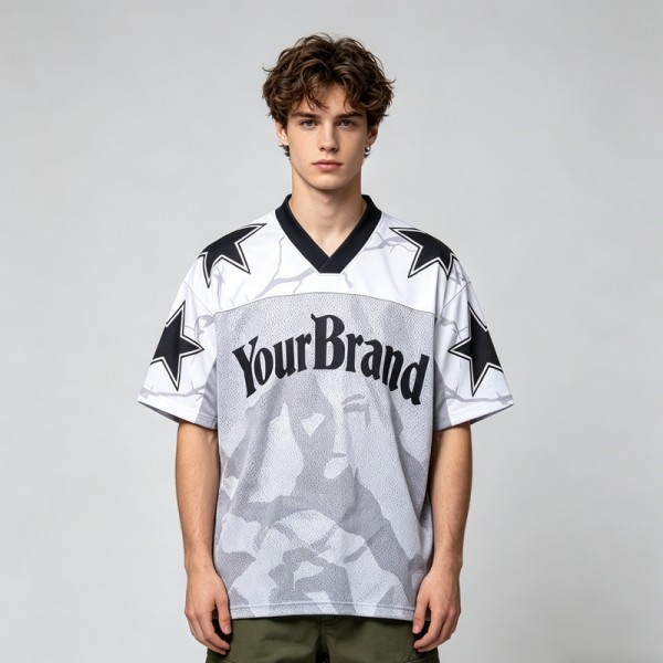 Custom Digital Print Mesh Star Jersey T-Shirt | Breathable Mesh Fabric | Casual Streetwear | OEM Streetwear
