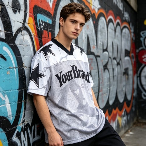 Custom Digital Print Mesh Star Jersey T-Shirt | Breathable Mesh Fabric | Casual Streetwear | OEM Streetwear