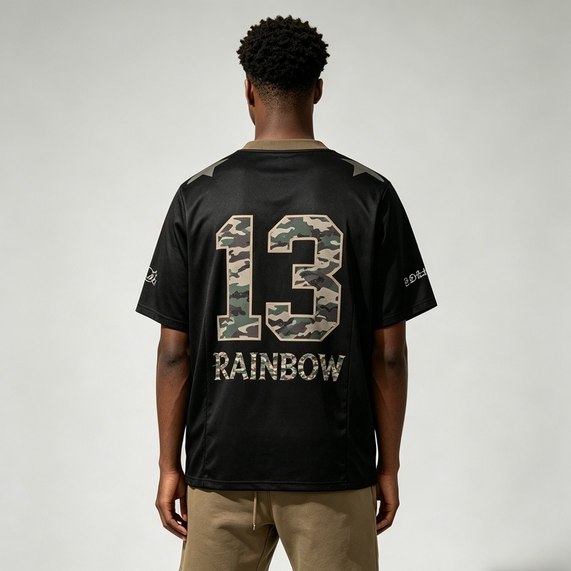 Digital Print and Embroidered Camo 13 Rainbow Jersey T-Shirt