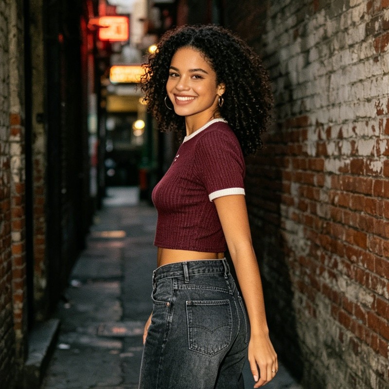Cropped Ribbed Knit Embroidered T-Shirt