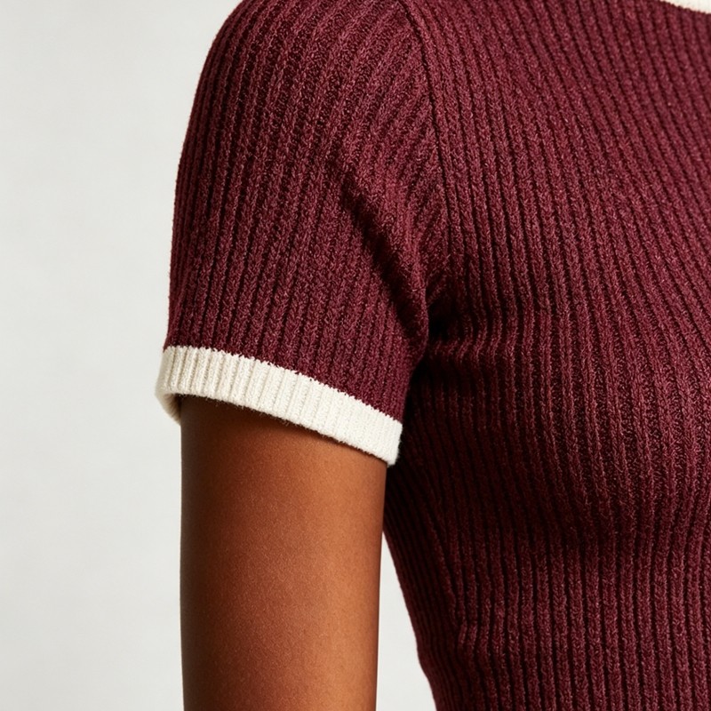 Cropped Ribbed Knit Embroidered T-Shirt
