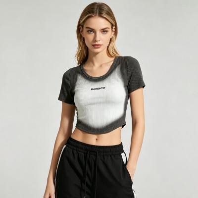 Sun Faded Ribbed Crop T-Shirt | Screen Printing | Cotton Blend | Casual Streetwear | OEM Streetwear