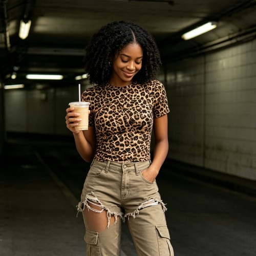 Leopard Cropped Baby Tee | Slim Fit | Stretch Fabric | Casual Daily | Custom Streetwear Manufacturer