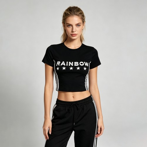 Screen Print RAINBOW Star Crop Top | Cotton Blend | Casual Sportswear | OEM Streetwear