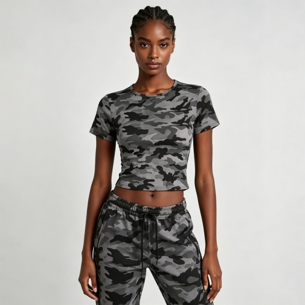 Grey Camo Crop T-shirt | Slim Fit | Cotton Blend | Casual Streetwear | Custom Streetwear Manufacturer