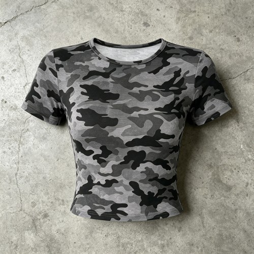 Grey Camo Crop T-shirt | Slim Fit | Cotton Blend | Casual Streetwear | Custom Streetwear Manufacturer
