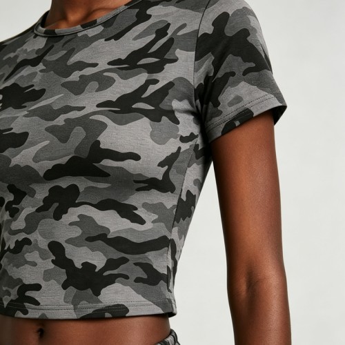 Grey Camo Crop T-shirt | Slim Fit | Cotton Blend | Casual Streetwear | Custom Streetwear Manufacturer