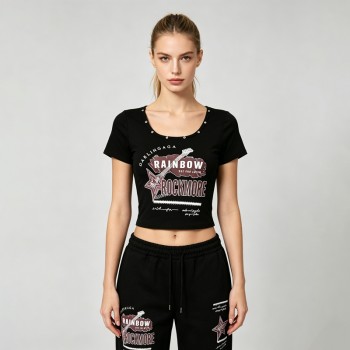 Screen Print Crop Top with Rivet | Slim Fit | 100% Cotton | Y2K Rock Streetwear | Custom Streetwear Manufacturer