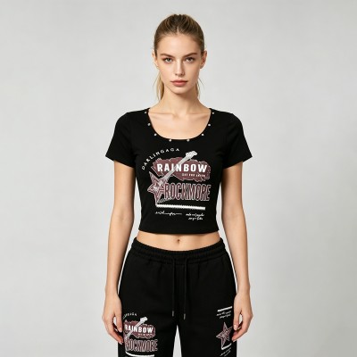 Screen Print Crop Top with Rivet | Slim Fit | 100% Cotton | Y2K Rock Streetwear | Custom Streetwear Manufacturer