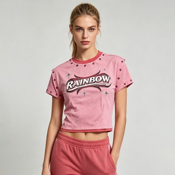 DTG Print Washed Vintage Crop T-Shirt with Rivet | 100% Cotton | Y2K Style | Custom Streetwear Manufacturer