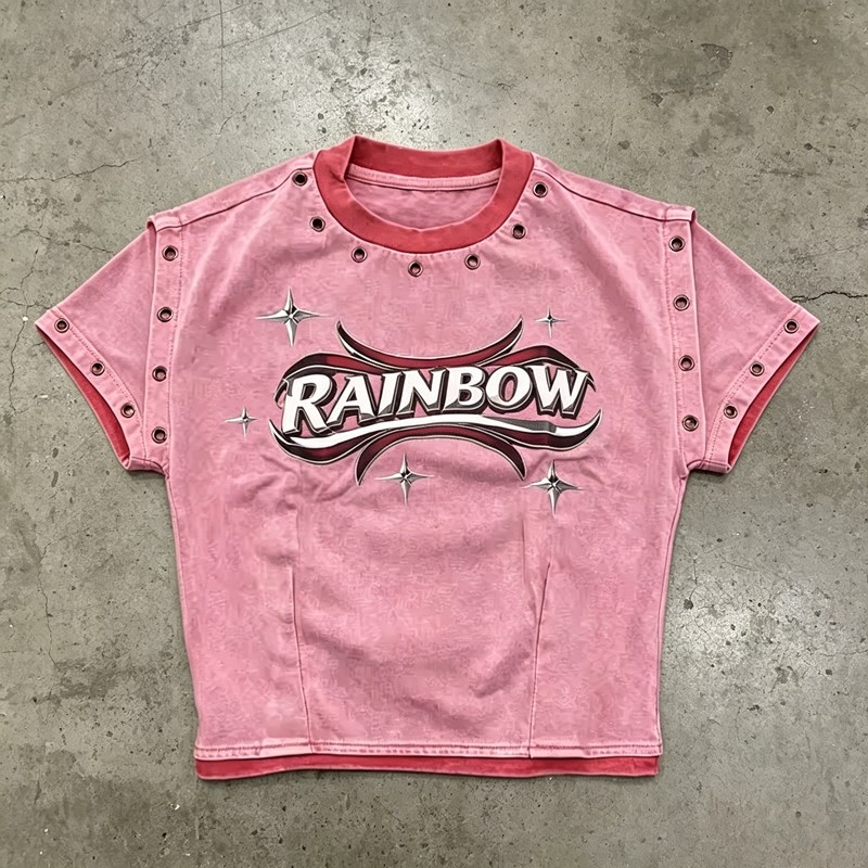 DTG Print Washed Vintage Crop T-Shirt with Rivet