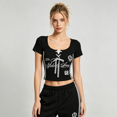 Black Lace Up Crop Tee with Screen Print | Slim Fit Y2K Baby Tee | Casual Streetwear | OEM Streetwear