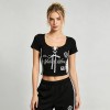 Black Lace Up Crop Tee with Screen Print | Slim Fit Y2K Baby Tee | Casual Streetwear | OEM Streetwear