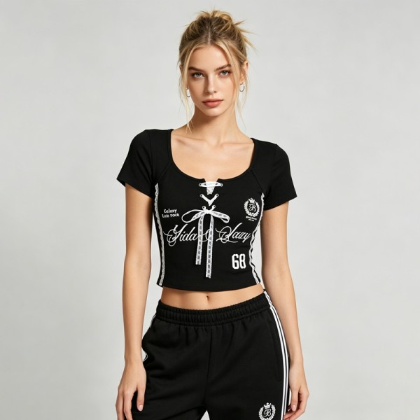 Black Lace Up Crop Tee with Screen Print | Slim Fit Y2K Baby Tee | Casual Streetwear | OEM Streetwear