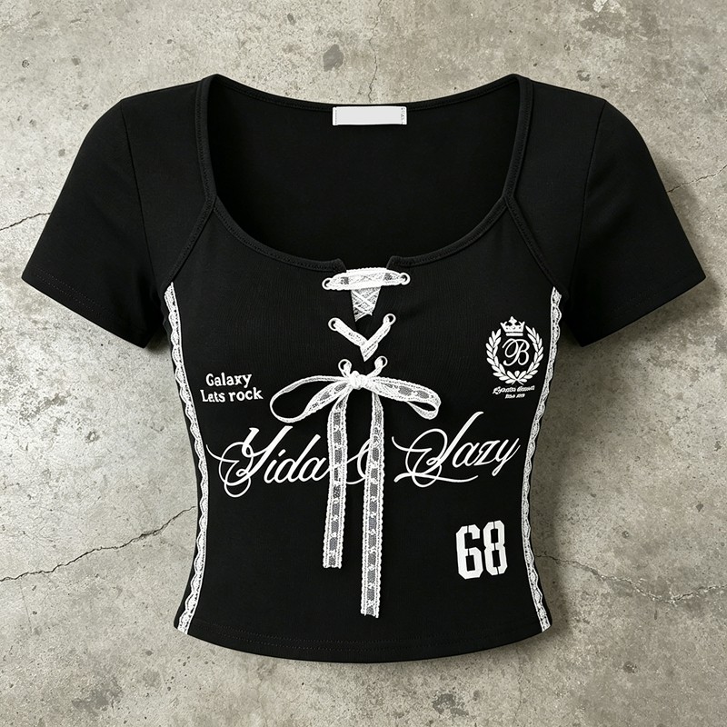 Black Lace Up Crop Tee with Screen Print