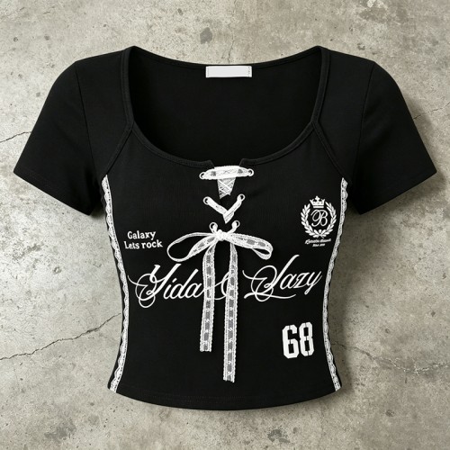 Black Lace Up Crop Tee with Screen Print | Slim Fit Y2K Baby Tee | Casual Streetwear | OEM Streetwear