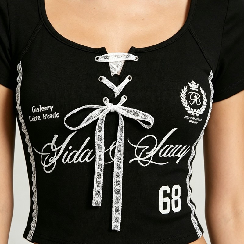 Black Lace Up Crop Tee with Screen Print