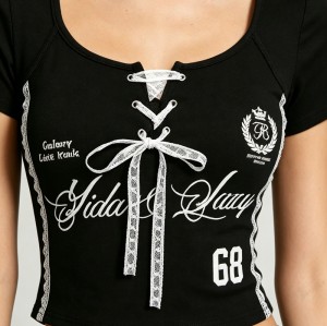Black Lace Up Crop Tee with Screen Print | Slim Fit Y2K Baby Tee | Casual Streetwear | OEM Streetwear