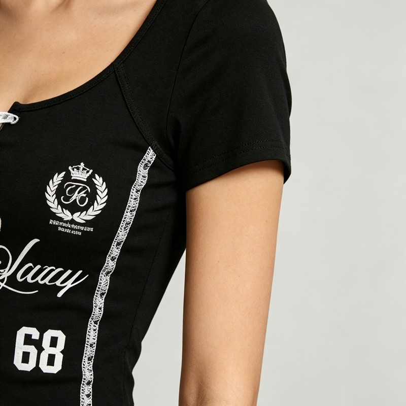 Black Lace Up Crop Tee with Screen Print