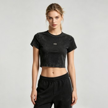 Distressed Washed Crop Top T-Shirt | Metal Logo Badge | Cotton Blend | Custom Streetwear Manufacturer