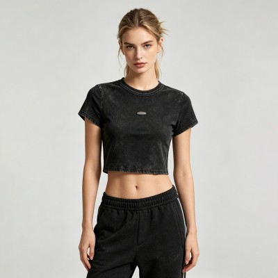 Distressed Washed Crop Top T-Shirt | Metal Logo Badge | Cotton Blend | Custom Streetwear Manufacturer