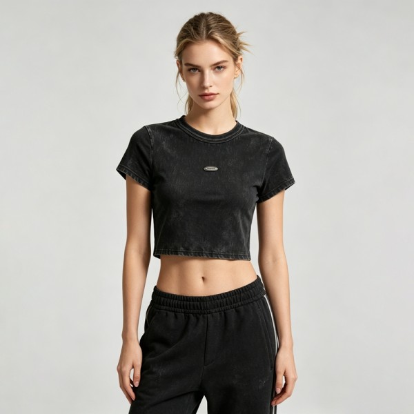 Distressed Washed Crop Top T-Shirt | Metal Logo Badge | Cotton Blend | Custom Streetwear Manufacturer