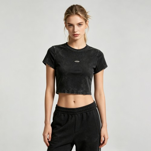 Distressed Washed Crop Top T-Shirt | Metal Logo Badge | Cotton Blend | Custom Streetwear Manufacturer