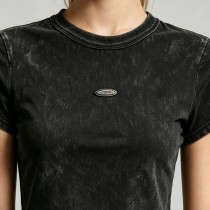 Distressed Washed Crop Top T-Shirt | Metal Logo Badge | Cotton Blend | Custom Streetwear Manufacturer
