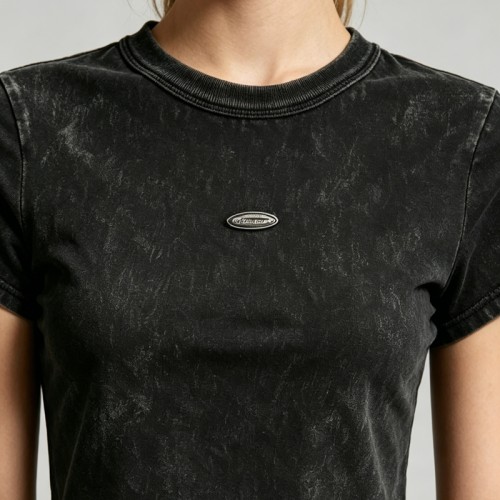 Distressed Washed Crop Top T-Shirt | Metal Logo Badge | Cotton Blend | Custom Streetwear Manufacturer