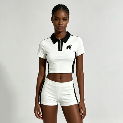 Cropped Embroidered Polo T-Shirt | Black White Colorblock | Cotton Blend | Casual Streetwear | Custom Streetwear Manufacturer