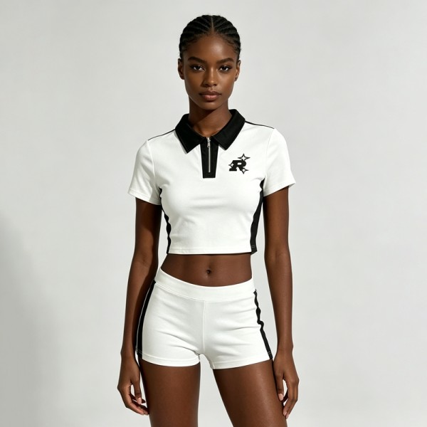 Cropped Embroidered Polo T-Shirt | Black White Colorblock | Cotton Blend | Casual Streetwear | Custom Streetwear Manufacturer