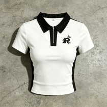 Cropped Embroidered Polo T-Shirt | Black White Colorblock | Cotton Blend | Casual Streetwear | Custom Streetwear Manufacturer
