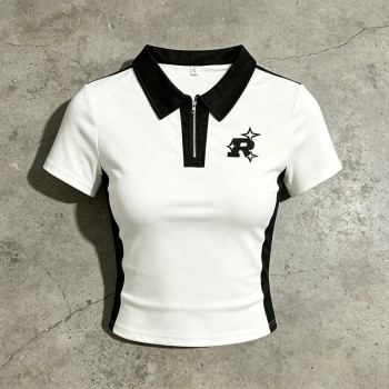 Cropped Embroidered Polo T-Shirt | Black White Colorblock | Cotton Blend | Casual Streetwear | Custom Streetwear Manufacturer