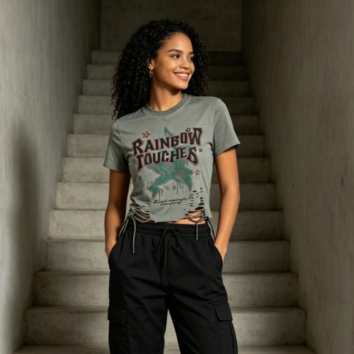 DTG Printed Distressed Ripperd Cropped T-Shirt | Lace-Up | 100% Cotton | Y2K Streetwear | OEM Streetwear