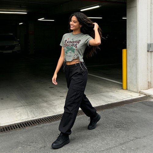 DTG Printed Distressed Ripperd Cropped T-Shirt | Lace-Up | 100% Cotton | Y2K Streetwear | OEM Streetwear