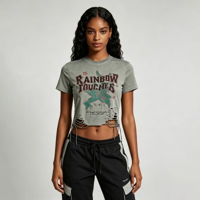 DTG Printed Distressed Ripperd Cropped T-Shirt | Lace-Up | 100% Cotton | Y2K Streetwear | OEM Streetwear