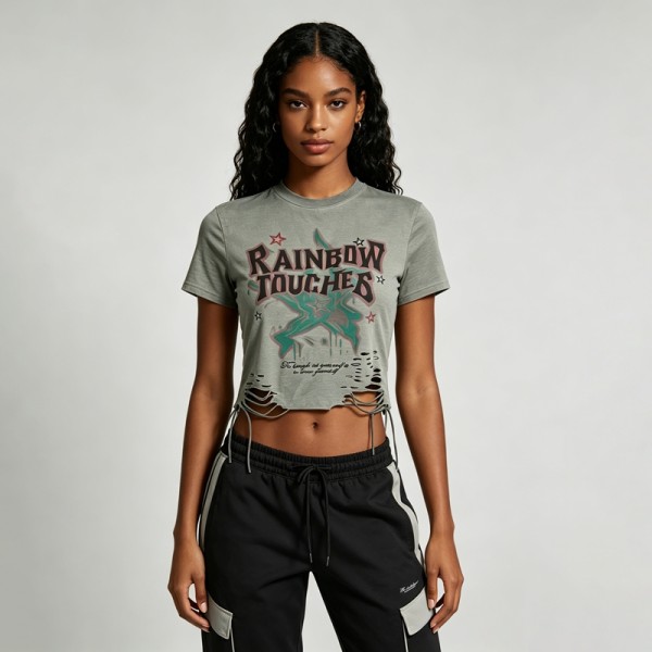 DTG Printed Distressed Ripperd Cropped T-Shirt | Lace-Up | 100% Cotton | Y2K Streetwear | OEM Streetwear