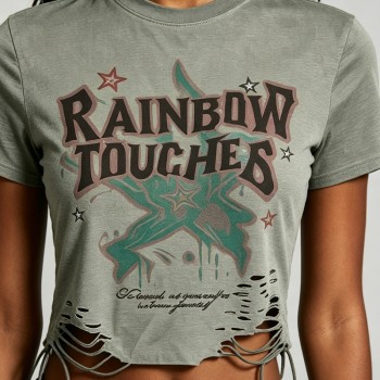 DTG Printed Distressed Ripperd Cropped T-Shirt | Lace-Up | 100% Cotton | Y2K Streetwear | OEM Streetwear