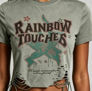 DTG Printed Distressed Ripperd Cropped T-Shirt | Lace-Up | 100% Cotton | Y2K Streetwear | OEM Streetwear