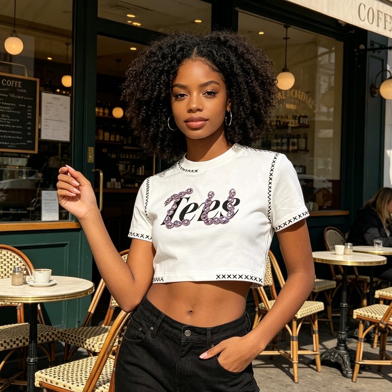 Embroidered Beaded Screen Printing Crop Top