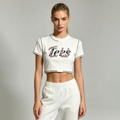 Embroidered Beaded Screen Printing Crop Top | Y2K Aesthetic | Cotton Blend | Casual Streetwear | OEM Streetwear