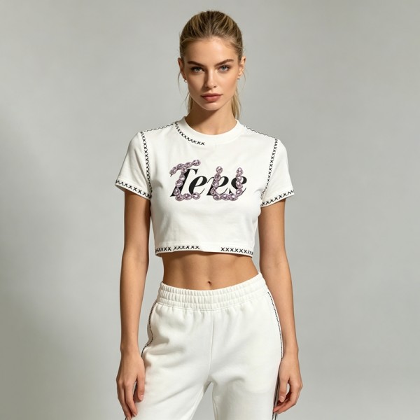Embroidered Beaded Screen Printing Crop Top | Y2K Aesthetic | Cotton Blend | Casual Streetwear | OEM Streetwear
