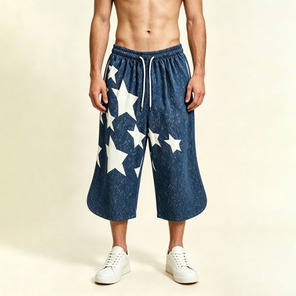 Wash Rubber Print Star Cropped Shorts | Loose Fit | Cotton Blend | Casual Streetwear | Custom Streetwear Manufacturer
