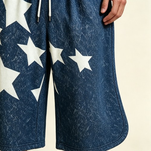 Wash Rubber Print Star Cropped Shorts | Loose Fit | Cotton Blend | Casual Streetwear | Custom Streetwear Manufacturer